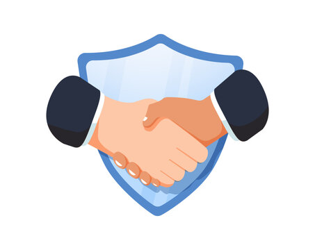 Handshake icons inside a security shield frame. Vector set in silhouette representing secure partnerships.