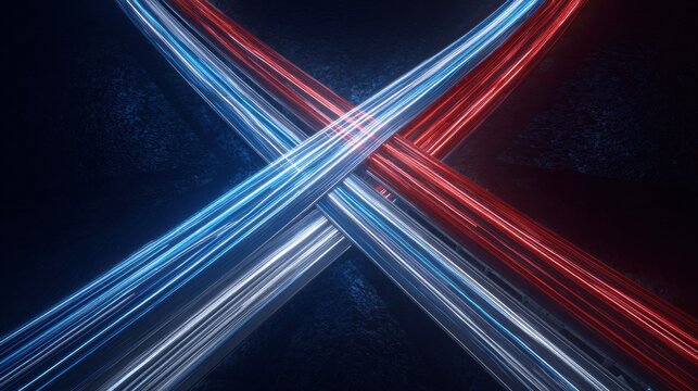 Multiple digital pathways glow in blue and red, crossing at an intersection, creating a scene focused on decision-making and technology.