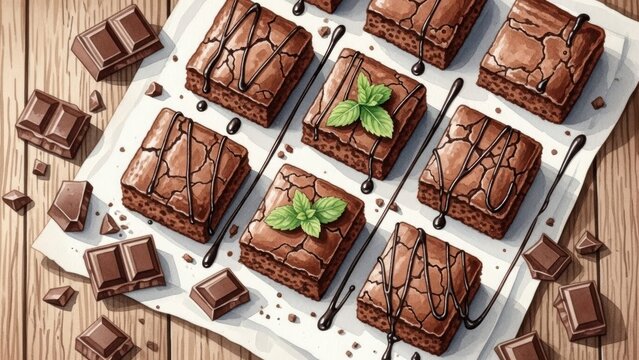 Delicious brownies arranged on a wooden table