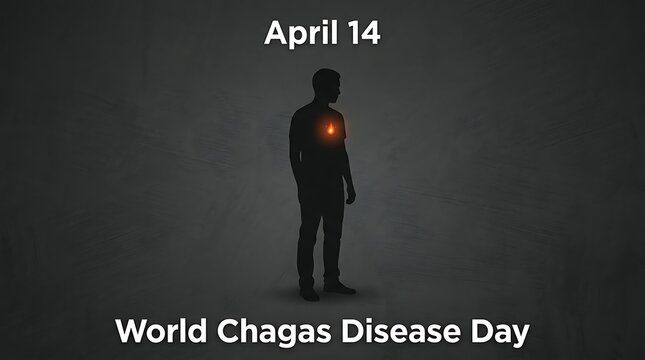 A man stands in darkness with a glowing red spot on his chest, symbolizing World Chagas Disease Day on April 14.
