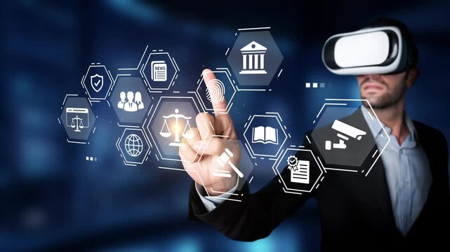 Businessman Using Virtual Reality Technology to Access Digital Information and Collaborative Tools in Modern Office Environment Gluon.