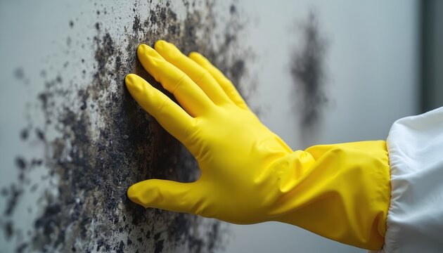 Yellow gloved hand touches black mold growing on wall. Inspector checks for damage from dampness and moisture in home. Safety gear worn for hazard assessment.