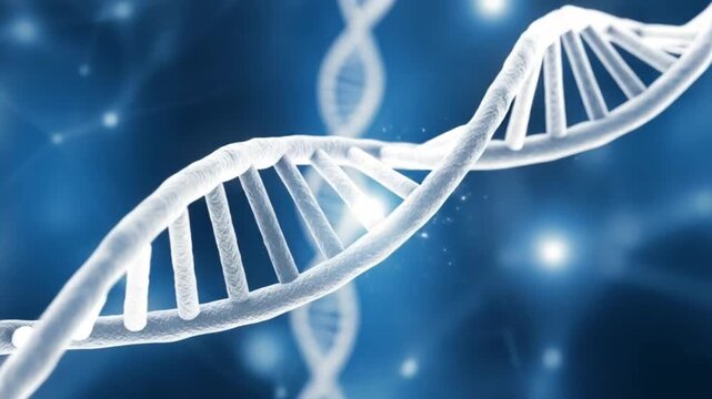 White dna double helix structure on blue background with glowing effect