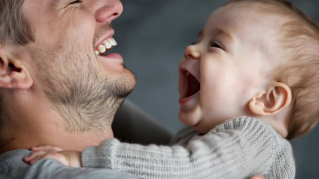 Father shares a joyful moment with his baby, embracing and expressing unconditional love in a warm, cozy setting