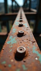 Close-up perspective of rusted metal beam with visible rivets. Teal paint chips off, revealing corroded steel structure. Focus on texture and aged surface detail.