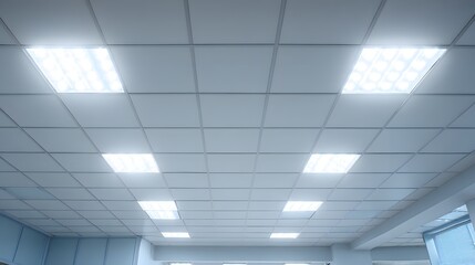 Modern Office Ceiling with Bright Fluorescent Lights and Grid Pattern.