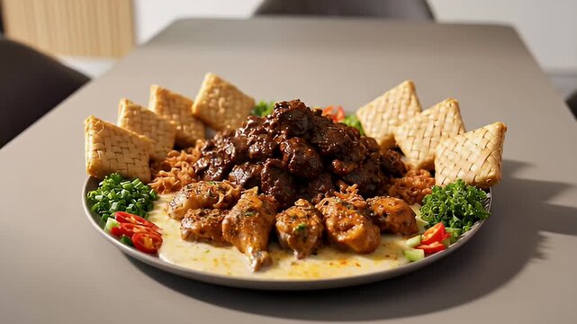 Traditional Indonesian Eid al Fitr Feast with Ketupat and Beef Rendang