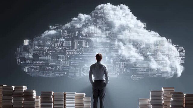 Exploring the concept of cloud computing and data storage through visual representation in a modern office setting