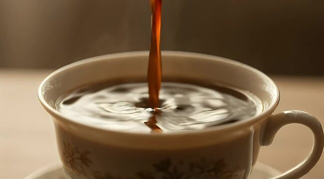 Hot dark coffee pouring into a delicate patterned cup, steam rising