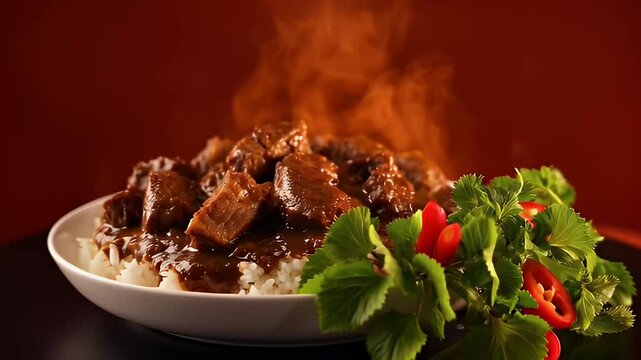 Beef Rendang Curry with Steaming White Rice for Eid Celebration
