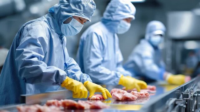 Workers process meat in a food processing factory during daytime