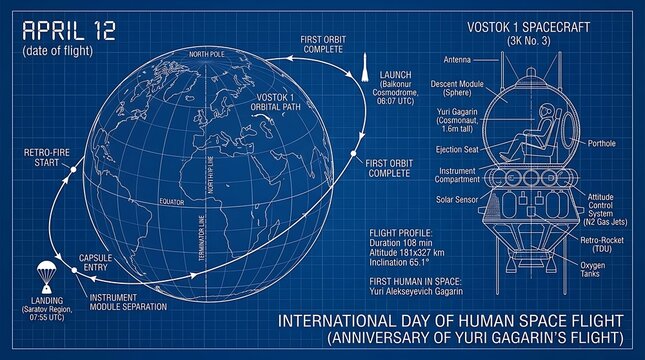 A blueprint diagram of the Vostok space ship and Earth's orbit on the International Day of Human Space Flight