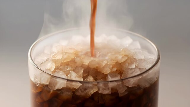 Pouring amber liquid into a glass filled with crushed ice and steam