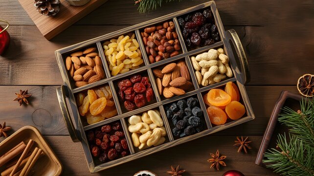 Premium dry fruit assortment gift box luxury snack collection. Dates fruits, pistachio kernels, almonds seeds, walnut halves, gourmet festive hamper presentation, traditional celebration food basket.