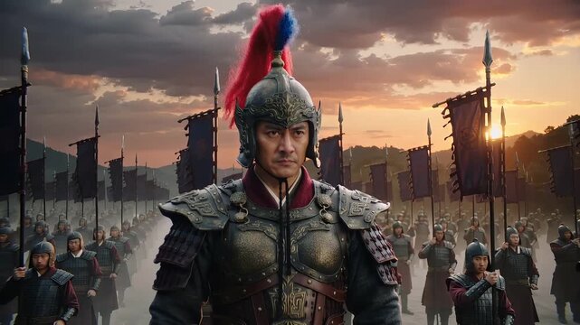 Historical battle reenactment in a vast open area at sunset with soldiers in armor and colorful banners