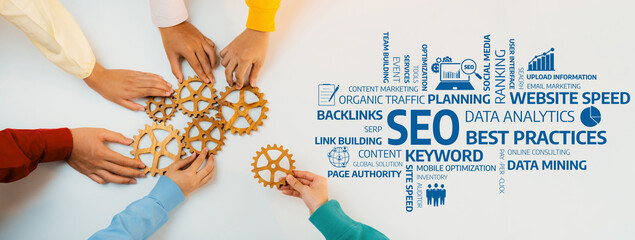 Obraz premium A group of diverse hands working together with gears, symbolizing collaboration in developing SEO strategies for enhancing online performance and boosting website traffic. Amity