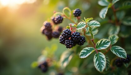 Black elderberries grow on a branch with variegated leaves. Natural sunlight illuminates the dark ripe berries and green foliage. Berries are ready for picking in late summer season.
