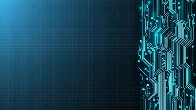 Digital circuit board with blue gradient background and microchip elements.