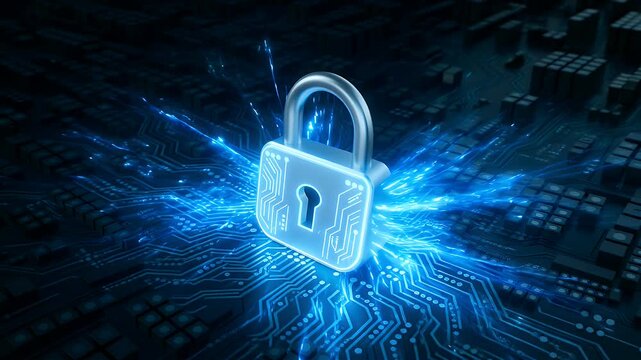 Digital padlock secured on illuminated circuit board with glowing blue energy streams
