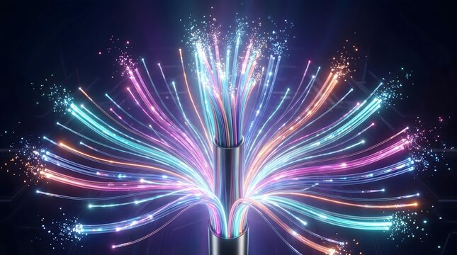 A creative visualization where fiber optic cables expand like a technological bloom symbolizing digital innovation and connectivity.

