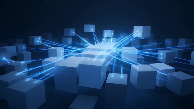 Abstract network of glowing blue lines connecting scattered cubes