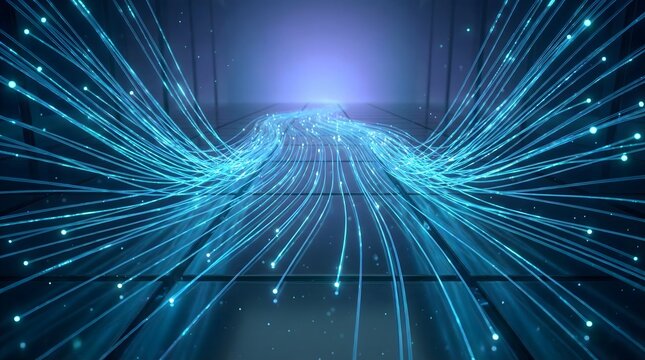 A futuristic visualization of high-speed fiber optic communication networks powering global digital infrastructure.

