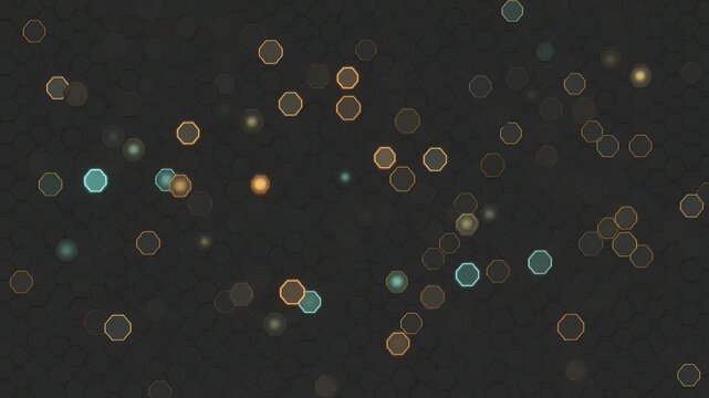 Dark background with glowing octagons in blue and orange