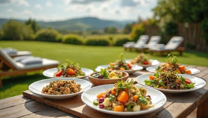 Plates of healthy vegan grain salads set on rustic wooden table outdoors. Loungers on green lawn behind. Scenic hills backdrop. Peaceful garden dining.
