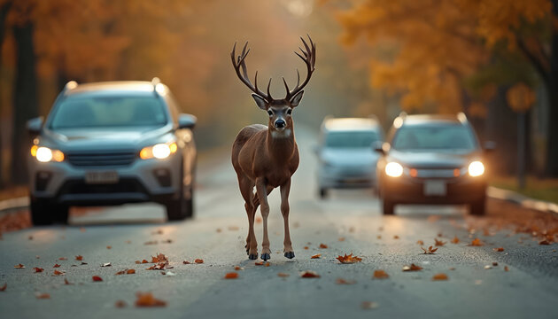 Buck stands on road between cars. Wildlife crosses street at twilight. Autumn leaves scatter on asphalt. Animal appears suddenly near headlights.