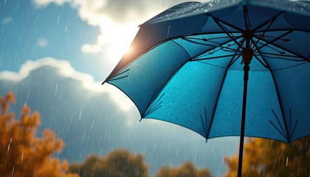 Blue umbrella shields from heavy rain and dark clouds. Sunlight breaks through, promising better weather. Autumn leaves appear in soft focus.