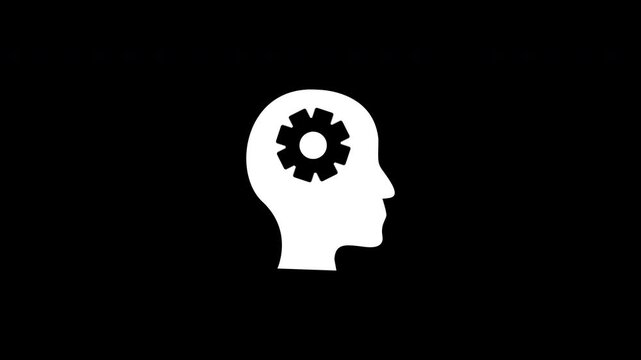Human Head Brain Profile With Gear Icon Cogwheel Loop Animation For Logical Neural Thinking, Learning White On Black Background