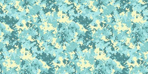 Abstract digital camouflage pattern in cool pastel teal and cream tones. © Olena