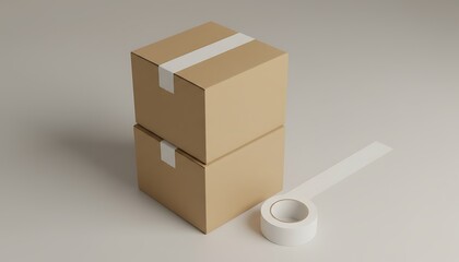Obraz premium Stacked cardboard shipping boxes with tape packaging on neutral background