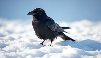 Fototapeta premium Black bird stands on white snow. Bird has dark feathers and beak. Winter scene with blue sky background. Bird is looking to the left side. Bird is on ground.