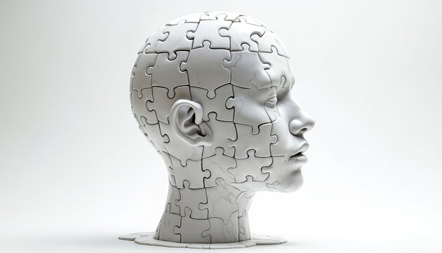 White marble head sculpture built from jigsaw puzzle pieces. Shows incomplete human mind structure, complex thought process, and cognitive challenges.