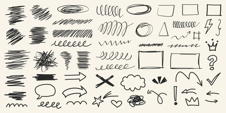Set of hand drawn doodle design elements with arrows scribbles and abstract shapes