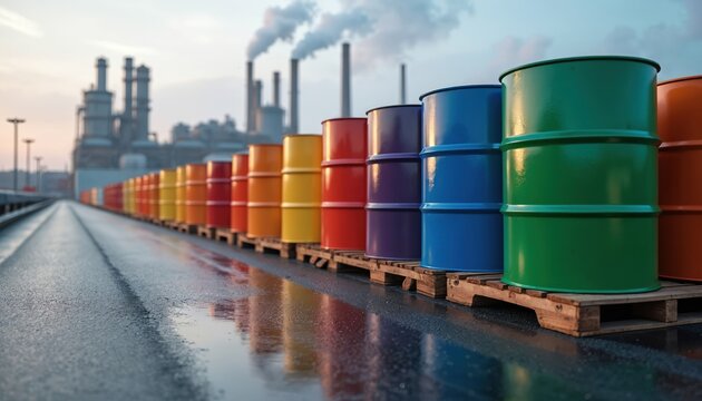 Colorful steel and plastic barrels stand in a row. Industrial factory with smoking chimneys looms in background. Wet asphalt reflects vibrant containers on pallets.