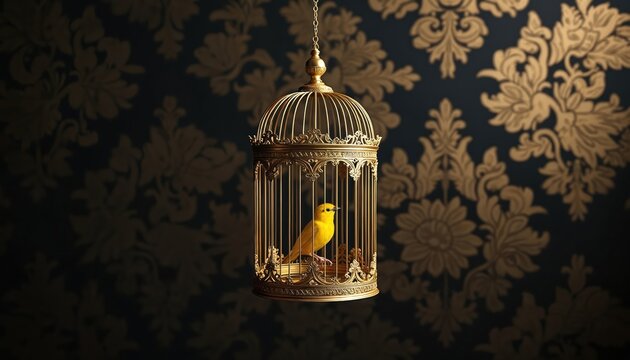 Golden ornate birdcage hangs on chain. Yellow canary sits inside on perch. Dark damask floral wallpaper forms background. Elegant, classic interior scene.