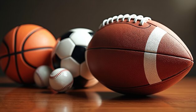 Collection of sports balls including basketball soccer baseball and American football on a wooden surface. Various game equipment neatly arranged for practice or play.