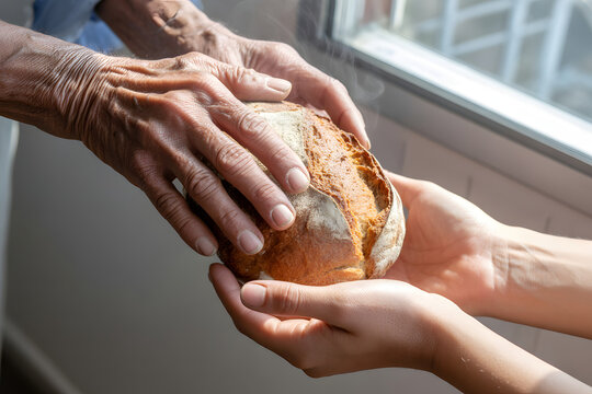 Elderly hands giving fresh bread to young person, charity, donation, sourdough loaf, help, hungry, poverty, kindness, support, food sharing, hope, community, bread, giving, hunger, care, wrinkled skin