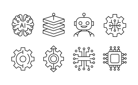 Artificial Intelligence and Technology Line Icons Set &ndash; AI Brain, Robot, Chip, Automation Symbols