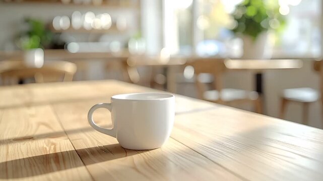 カフェテーブルの白いコーヒーカップハンドル 接写と自然光ミニマル背景