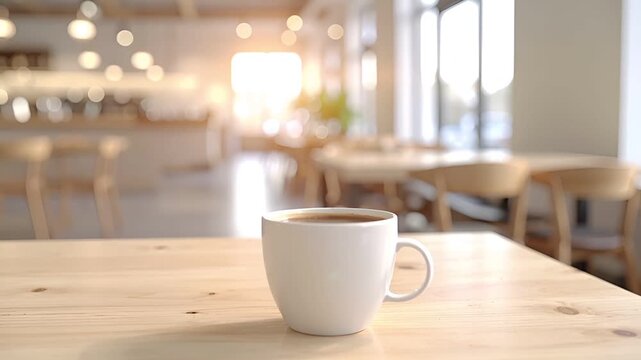 カフェテーブルの白いコーヒーカップハンドル 接写と自然光ミニマル背景