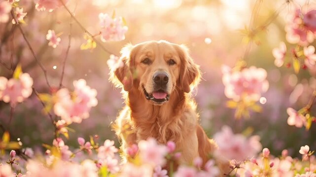 春の花ボケ前景とゴールデンレトリバー ポートレートとコピースペース