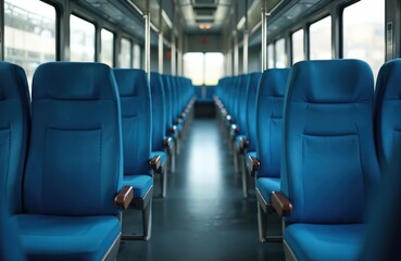 Obraz premium Rows of empty blue seats inside a modern public transport vehicle. Clean interior, no passengers visible on journey. Perspective view shows vacant transit seats.