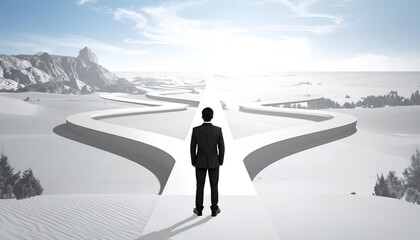 Obraz premium Leadership and strategy concept showing businessman at crossroads choosing direction for success and future growth.