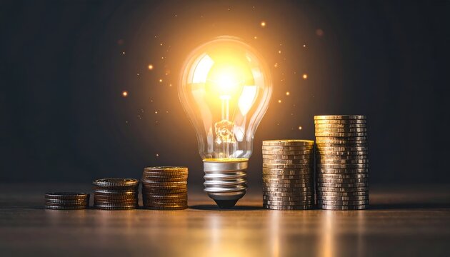 Financial innovation concept with glowing bulb and stacked coins representing wealth growth and strategic investment planning.