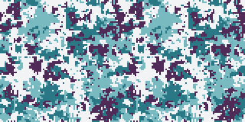 Abstract digital camouflage pattern in teal, purple, and white.  Perfect for backgrounds, textiles, or militaryinspired designs.