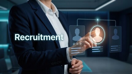 Recruitment, Hiring, HR, Talent Acquisition, Human Resources, Technology, Job Search concept featuring a professional manager selecting candidates on a modern holographic interface.