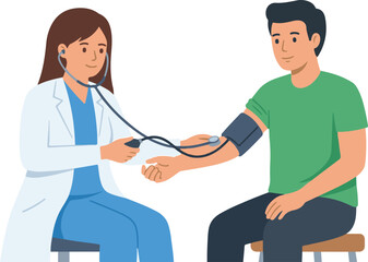 Fototapeta premium Professional female doctor checking young male patient blood pressure in clinic